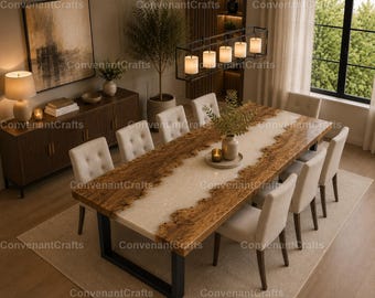 Live Edge White Epoxy River Dining Table – Handmade Walnut Wood Rectangle Dining Table Luxury White Resin Dining Table epoxy dining table
