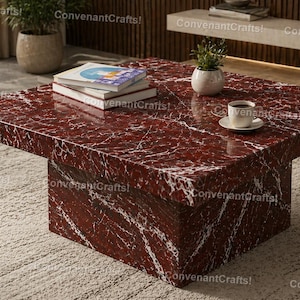Mesa de centro moderna quadrada em mármore vermelho luxuoso, estilo Rosso Levanto, um móvel marcante para sala de estar.