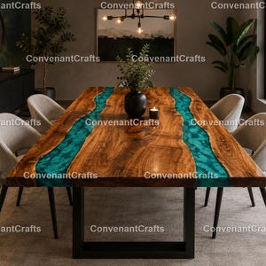 Handmade Turquoise Epoxy River Dining Table | Live Edge Walnut Wood Rectangle Dining Table | Luxury Epoxy River | Walnut Wood Dining Table