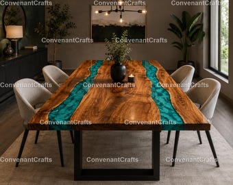 Handmade Turquoise Epoxy River Dining Table | Live Edge Walnut Wood Rectangle Dining Table | Luxury Epoxy River | Walnut Wood Dining Table