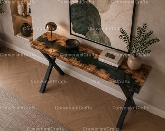 Emerald Green Epoxy River Console Table  Handmade Green Resin River Console Table Live Edge Walnut Console Table Natural Wood & Deep Green