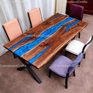 Handmade Blue Epoxy River Dining Table Live Edge Wood Slab Table Live Edge Wood  Rectangular  Natural Wood & Blue Resin River Dining Table