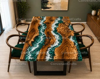 Emerald Ocean Epoxy River Dining Table – Live Edge Wood Statement Furniture