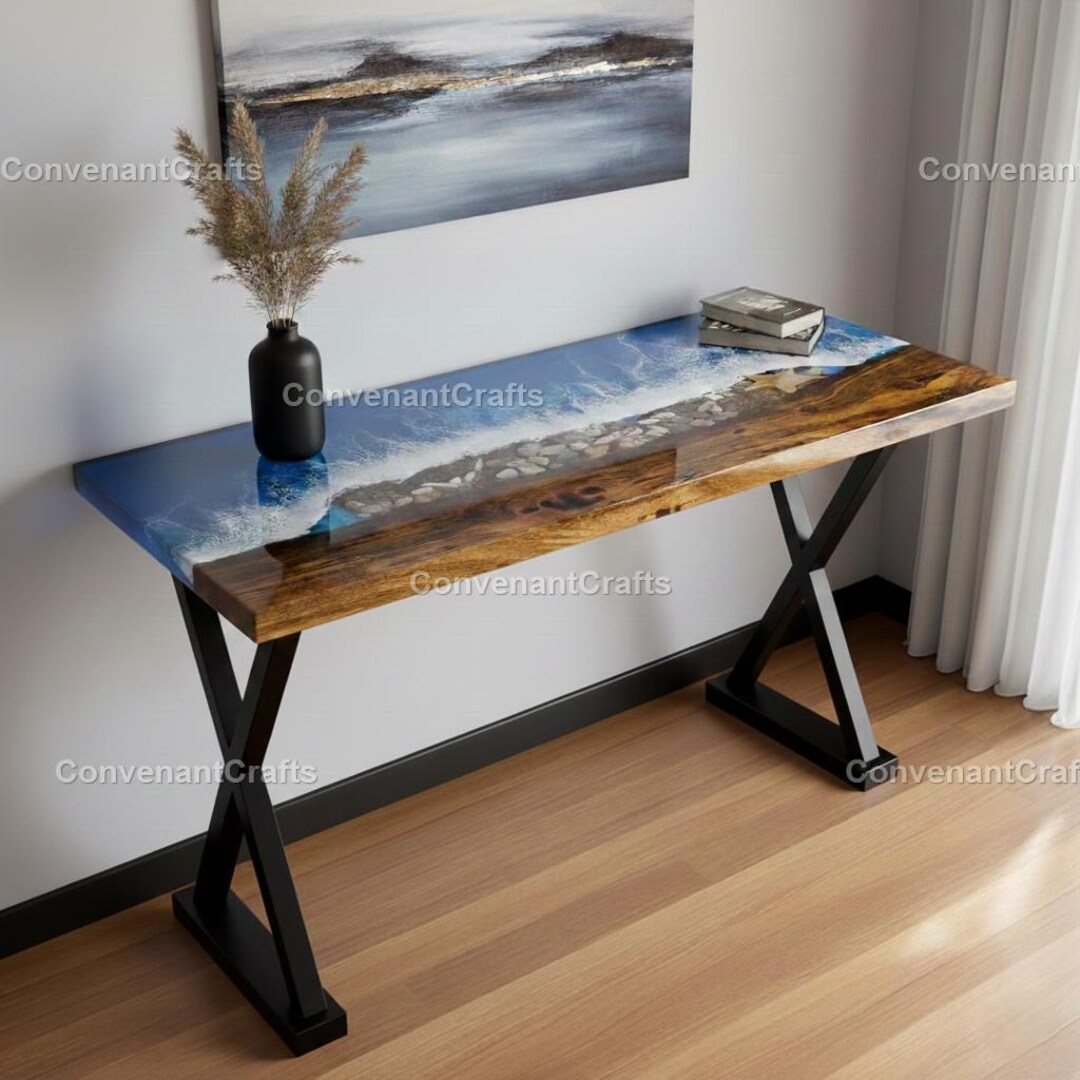 Epoxy Resin River Console Table, Live Edge Wood Entryway Table, Coastal ...