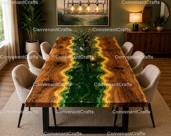 Emerald Green Epoxy River Dining Table | Live Edge Wood Resin Table | Handmade Luxury Rectangle  Table  Handmade Green Resin River  Table
