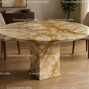 Handmade Hany Onyx Round Dining Table | Luxury Cream Gold Stone Pedestal Furniture