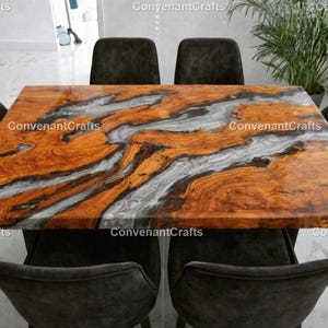 Handmade Live Edge Wood & Silver Epoxy River Dining Table – Modern Rectangular Resin Table – Luxury Statement Furniture Luxury Dining Table