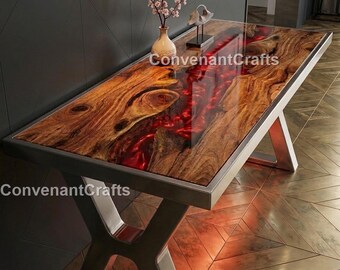 Handmade Red Epoxy River Console Table Live Edge Wood  Edge Wood Console Table with Red Resin River  Luxury Red Epoxy River Console Table