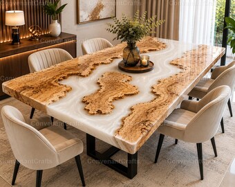 Handmade Pearl White Epoxy River Dining Table | Live Edge Burl Wood, Rectangular Resin Top
