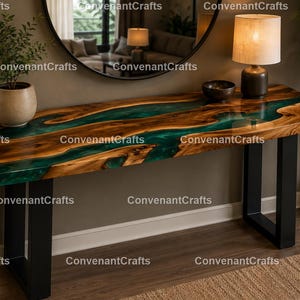Walnut Epoxy River Console Table, Handmade Walnut & Green Epoxy River Console Table Custom Resin River Table, Wood and Resin Console Table