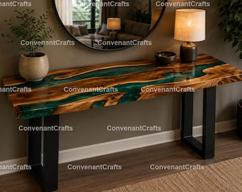 Walnut Epoxy River Console Table, Handmade Walnut & Green Epoxy River Console Table Custom Resin River Table, Wood and Resin Console Table