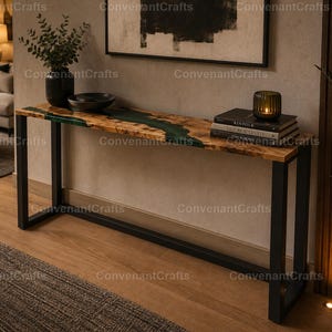 Handmade Live Edge Green Epoxy River Console Table Modern Green Resin River Console Table Green Epoxy Resin & Natural Wood Furniture table