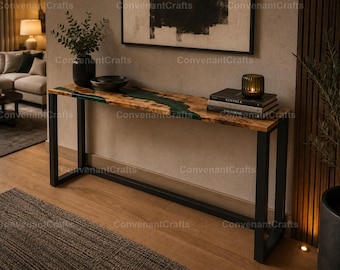 Handmade Live Edge Green Epoxy River Console Table Modern Green Resin River Console Table Green Epoxy Resin & Natural Wood Furniture table