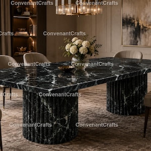 Black Spider Marble Dining Table | Rectangular Luxury Stone Pedestal Base