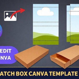 May include: A graphic promoting a matchbox Canva template. The image features a matchbox design, a blue sky and green hills illustration, and the text "DRAG AND DROP", "EASY EDIT IN CANVA", and "MATCH BOX CANVA TEMPLATE".
