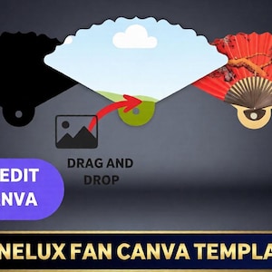 Peut inclure: Image de trois éventails décoratifs. L'un est noir, le second présente un ciel et des nuages, et le troisième est rouge avec un motif floral. Le texte comprend "EASY EDIT IN CANVA", "DRAG AND DROP" et "Canva". La bannière inférieure indique "BENELUX FAN CANVA TEMPLATE".