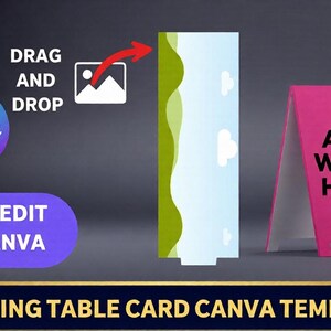 Könnte beinhalten: Grafik zur Werbung für eine Canva-Vorlage für Tischkarten für Hochzeiten. Sie zeigt ein pinkfarbenes A-förmiges Schild mit "Art Work Here" und ein vertikales Kartendesign mit grünen und blauen Elementen. Der Text enthält "Drag and Drop" und "Easy Edit in Canva."