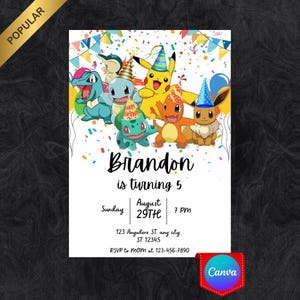 May include: A white birthday invitation featuring cartoon characters and the text "Brandon is turning 5." The invitation includes the date, time, and RSVP information. Colorful confetti and party hats decorate the design.