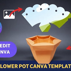 Könnte beinhalten: Eine Canva-Vorlage für einen Blumentopf mit einem hellorangen Topf und einem wolkenförmigen Designelement. Das Bild enthält den Text "DRAG AND DROP", "EASY EDIT IN CANVA" und "FLOWER POT CANVA TEMPLATE".