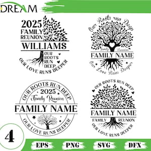 May include: Four black and white family reunion designs featuring tree graphics and text. The designs include phrases like "Our Roots Run Deep" and "Family Reunion 2025". Each design is suitable for creating personalized family reunion items.