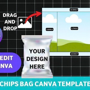 Könnte beinhalten: Eine Canva-Vorlage für ein Chipstüten-Design. Das Bild zeigt einen Mock-up einer Chipstüte mit dem Text "YOUR DESIGN HERE". Das Design beinhaltet eine Drag-and-Drop-Funktion und einfache Bearbeitung in Canva. Der Hintergrund ist ein Raster.