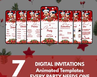 Mickey Style Christmas Party Invitation Animated Template, Red Holiday Canva Bundle, Cute Cartoon Digital RSVP Card Set