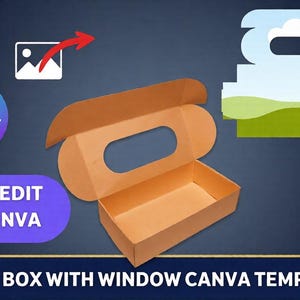 Könnte beinhalten: Eine braune Kuchenbox mit einem rechteckigen Fenster, offen, um das Innere zu zeigen. Das Bild enthält den Text "DRAG AND DROP", "EASY EDIT IN CANVA" und "CAKE BOX WITH WINDOW CANVA TEMPLATE". Eine Grafik einer Kuchenbox wird ebenfalls gezeigt.