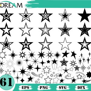 May include: A collection of 61 star-shaped designs in black and white. The stars vary in style, including solid, outlined, and multi-pointed designs. The word "DREAM" is at the top, and file type labels EPS, PNG, SVG, and DFX are at the bottom.