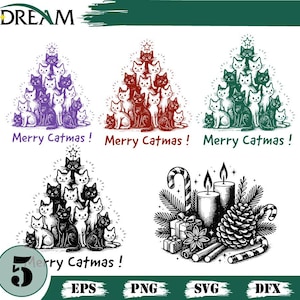 Pode incluir: Uma coleção de ilustrações com tema natalino. Os designs incluem árvores de Natal em forma de gato em roxo, vermelho e verde, cada uma com o texto "Merry Catmas!". Também uma ilustração em preto e branco de decorações de Natal e o número "5".