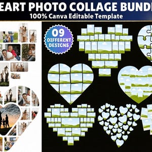Könnte beinhalten: Ein digitales Collage-Bundle mit herzförmigen Foto-Layouts. Das Bild zeigt neun verschiedene Designs, darunter Puzzle- und Mosaikstile, mit dem Text "HEART PHOTO COLLAGE BUNDLE" und "100% Canva Editable Template".