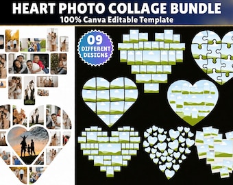 Heart Photo Collage Canva Template, Love Photo Grid Bundle, Family Picture Collage, Anniversary Gift, Editable Photo Frame