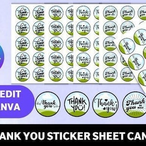 Könnte beinhalten: Blätter mit runden Aufklebern mit einem grünen und blauen Design, mit den Worten "Thank You" in verschiedenen Schriftarten. Das Bild enthält auch den Text "Drag and Drop", "Easy Edit in Canva" und "Thank You Sticker Sheet Canva".