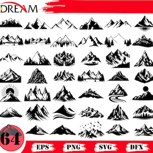 Könnte beinhalten: Eine Sammlung von 36 schwarzen und weißen Berg-Silhouette-Designs. Die Designs umfassen Gipfel mit Bäumen, Sonnenaufgängen und Flüssen. Das Wort "DREAM" steht oben, und die Zahl "64" befindet sich in einem roten Kreis. Dateiformate: EPS, PNG, SVG, DFX.