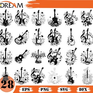 May include: A collection of black and white guitar illustrations, each with unique floral and musical note embellishments. The designs include electric and acoustic guitars, with varying levels of detail and decorative elements. The word "DREAM" is at the top.