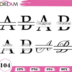 Könnte beinhalten: Schwarz-weiße Monogramm-Designs mit den Buchstaben A und D, einige mit floralen Akzenten. Das Bild enthält die Nummer 104 und Dateityp-Indikatoren: EPS, PNG, SVG und DFX.