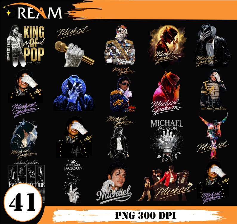 May include: A collection of Michael Jackson images on a black background. The images include portraits, graphics, and text, such as "KING OF POP" and "Michael Jackson." The images vary in style, featuring different poses and outfits.