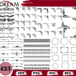 Könnte beinhalten: Eine Sammlung von 433 schwarzen und weißen Vektorgrafikelementen, darunter Bordüren, Ecken, Rahmen und dekorative Verzierungen. Das Bild enthält das Wort "DREAM" oben und Dateityp-Indikatoren: EPS, PNG, SVG und DFX.