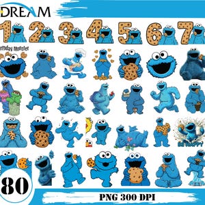 Könnte beinhalten: Eine Sammlung blauer Cartoon-Monster-Illustrationen, von denen viele Kekse halten. Das Bild enthält die Zahlen 1 bis 7 mit Keksakzenten, das Wort "DREAM" und den Text "Birthday Monster". Die Zahl "80" ist ebenfalls vorhanden.