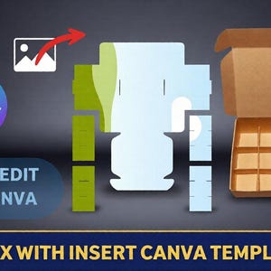 Könnte beinhalten: Ein Bild einer Box mit einer Einsatzvorlage, mit dem Text "DRAG AND DROP" und "EASY EDIT IN CANVA". Die Box ist braun und der Einsatz ist weiß und grün. Der Text "BOX WITH INSERT CANVA TEMPLATE" steht unten.