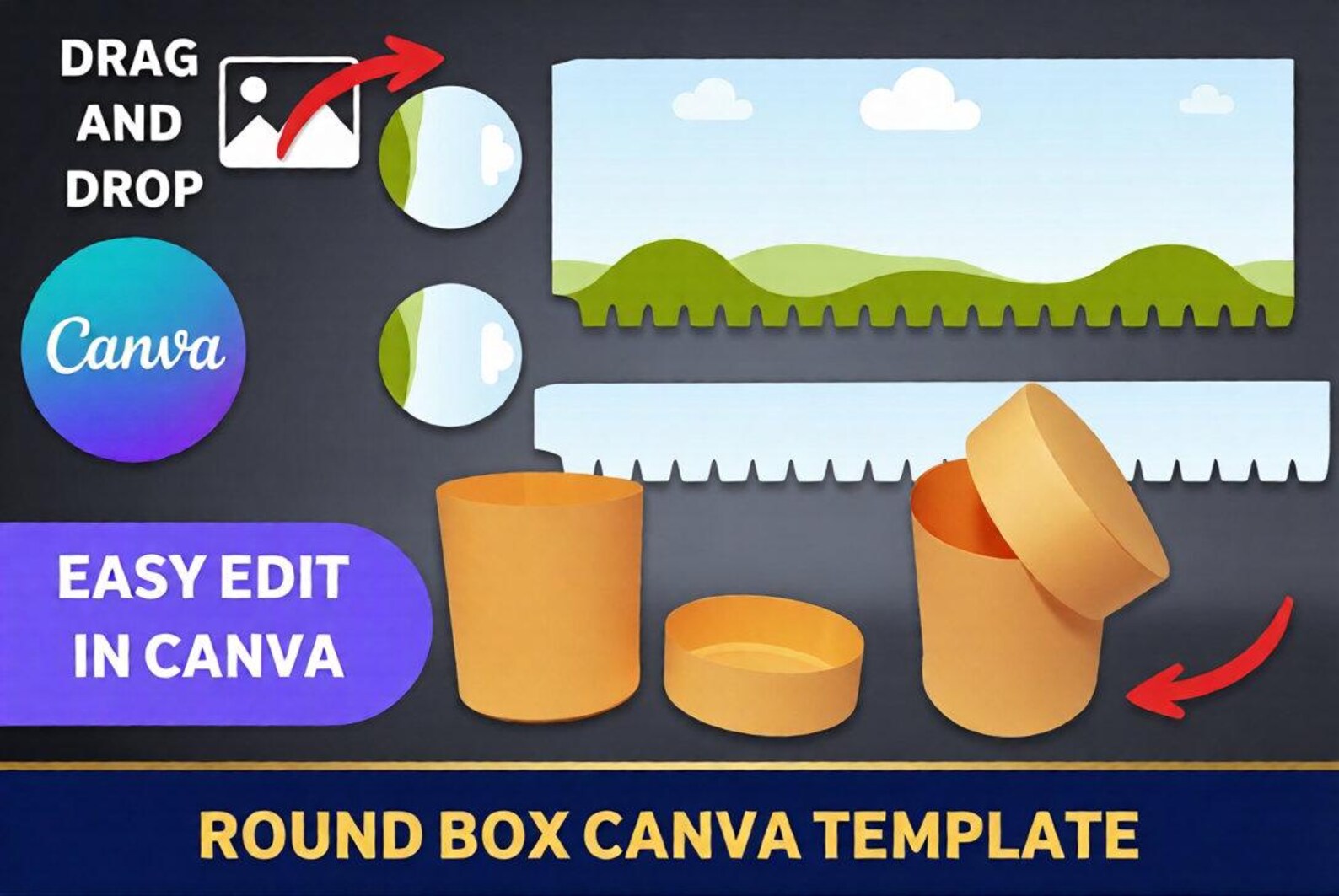 Round Box Canva Template, Cylinder Gift Box With Lid, Editable ...