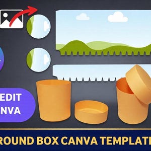 Puede incluir: Imagen de una plantilla de Canva para cajas redondas. El diseño incluye ilustraciones de cajas redondas, elementos de paisaje y el texto "DRAG AND DROP", "EASY EDIT IN CANVA" y "ROUND BOX CANVA TEMPLATE".