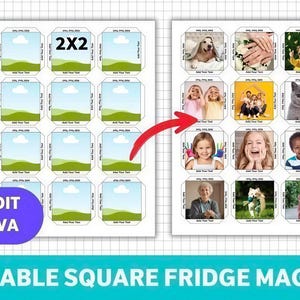 May include: A sheet of printable square fridge magnets with a grid layout. The design includes placeholders for photos and text, with the words "DRAG AND DROP", "EASY EDIT IN CANVA", and "EDITABLE SQUARE FRIDGE MAGNET" visible.