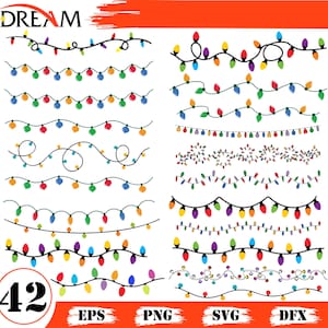 Könnte beinhalten: Eine Sammlung von 42 farbenfrohen Lichterketten-Designs. Jedes Design zeigt eine andere Anordnung von Lichtern in verschiedenen Farben, darunter Rot, Grün, Gelb und Blau. Das Wort "DREAM" steht oben links.
