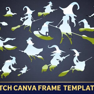 Könnte beinhalten: Ein dunkelblauer Hintergrund mit mehreren weißen Hexensilhouetten mit grünen und blauen Akzenten, die auf Besen reiten oder Hüte tragen. Der Text "WITCH CANVA FRAME TEMPLATE" steht unten in Gold.