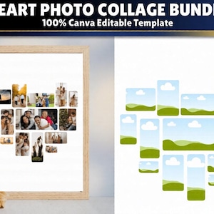Może przedstawiać: Drewniana oprawiona kolaż zdjęć w kształcie serca z r&oacute;żnymi zdjęciami rodzinnymi. Kolaż to szablon z tekstem "HEART PHOTO COLLAGE BUNDLE" i "100% Canva Editable Template". Pokazano r&oacute;wnież drugi szablon w kształcie serca.