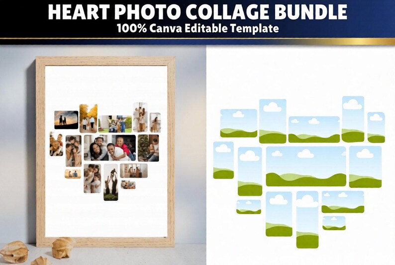 Może przedstawiać: Drewniana oprawiona kolaż zdjęć w kształcie serca z r&oacute;żnymi zdjęciami rodzinnymi. Kolaż to szablon z tekstem "HEART PHOTO COLLAGE BUNDLE" i "100% Canva Editable Template". Pokazano r&oacute;wnież drugi szablon w kształcie serca.