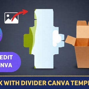Könnte beinhalten: Canva-Vorlage für eine Box mit Unterteilung, mit einer braunen Pappschachtel mit offenem Deckel und einer Stanzvorlage. Das Design enthält die Texte "Drag and Drop", "Easy Edit in Canva" und "Box with Divider Canva Template".