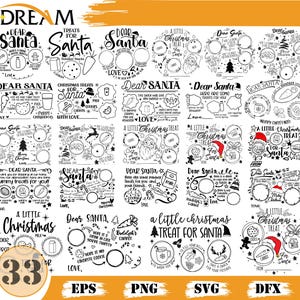 Könnte beinhalten: Schwarz-weiße digitale Designs zum Thema Weihnachten mit Texten wie "Lieber Weihnachtsmann" und "Ein kleiner Weihnachtsschmaus". Die Designs enthalten Illustrationen von Keksen, Milch, Karotten und dem Weihnachtsmann. Auch Dateityp-Optionen sind enthalten.