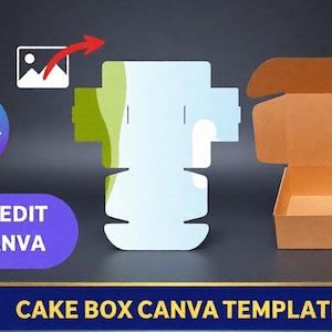 May include: An open brown cardboard cake box next to a flat, unfolded cake box template. The template is white with green accents. The image includes the text "DRAG AND DROP", "EASY EDIT IN CANVA", and "CAKE BOX CANVA TEMPLATE".