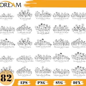 Könnte beinhalten: Schwarz-weiße Blumendesigns mit inspirierenden Zitaten aus der Bibel. Das Bild enthält verschiedene Blumenillustrationen und Sätze wie "Fürchte dich nicht" und "Vertraue ihm jederzeit."